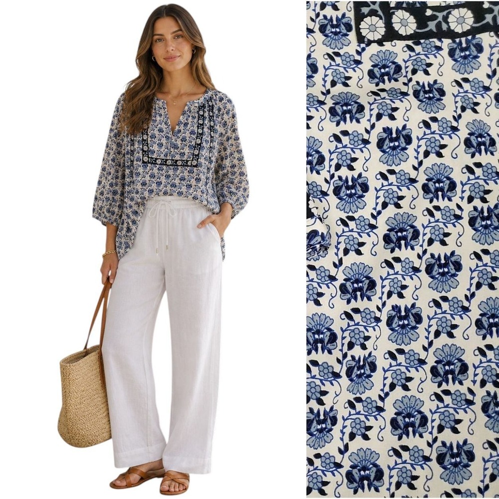 Beach Lunch Lounge Floral Boho Coastal Top Peasant Popover Resort‎ Wear Size S